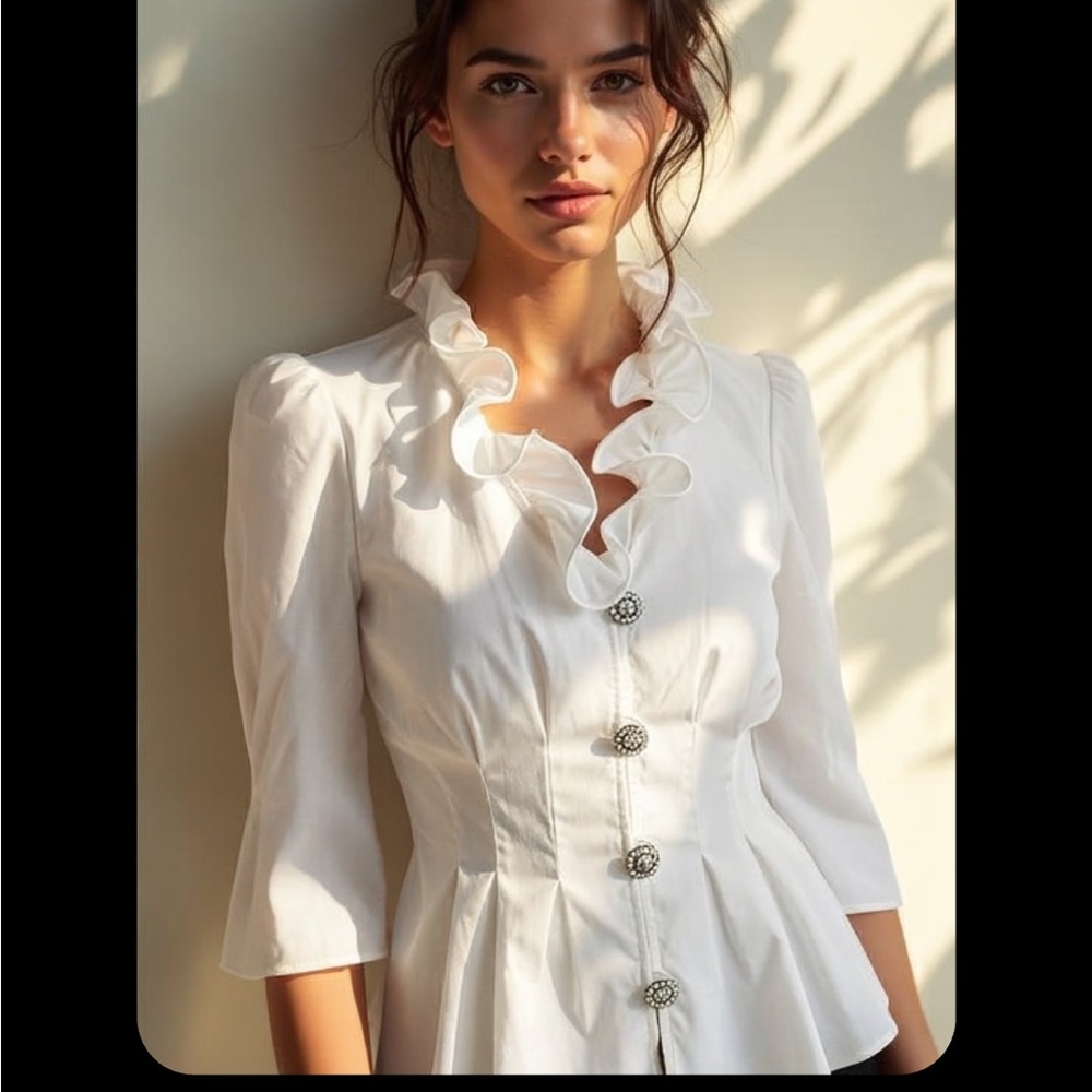 Woman’s Evening blouse Adrianna Papel cream 12 ruffle collar rhinestone buttons - Picture 2 of 13